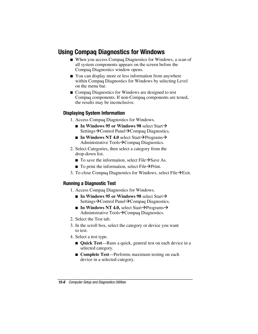 HP V300 manual Using Compaq Diagnostics for Windows, Running a Diagnostic Test 