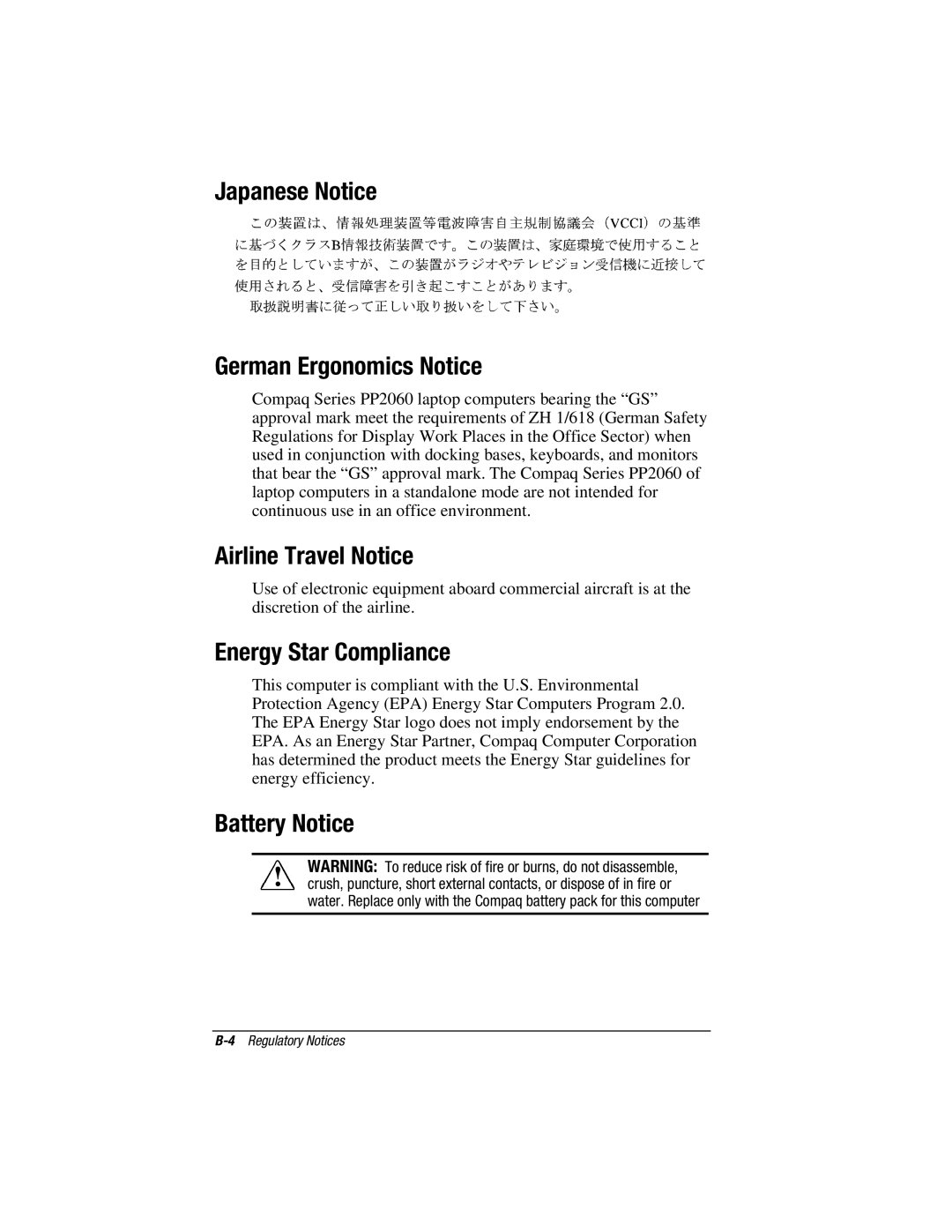 HP V300 manual Japanese Notice German Ergonomics Notice, Airline Travel Notice, Energy Star Compliance, Battery Notice 