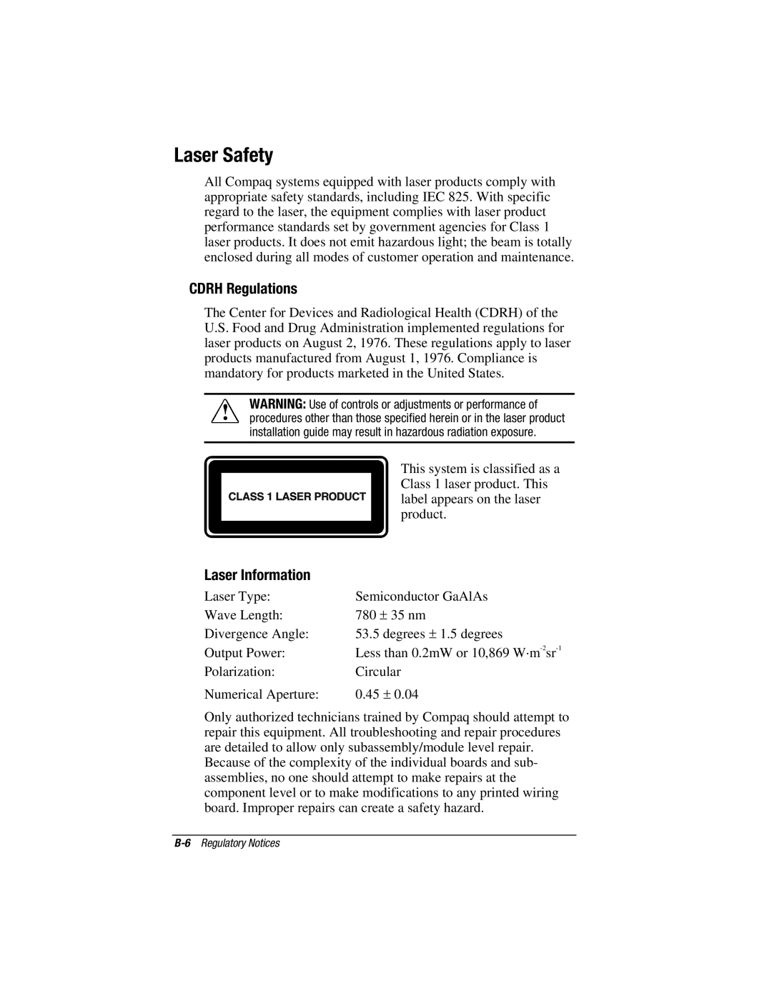 HP V300 manual Laser Safety, Cdrh Regulations, Laser Information 