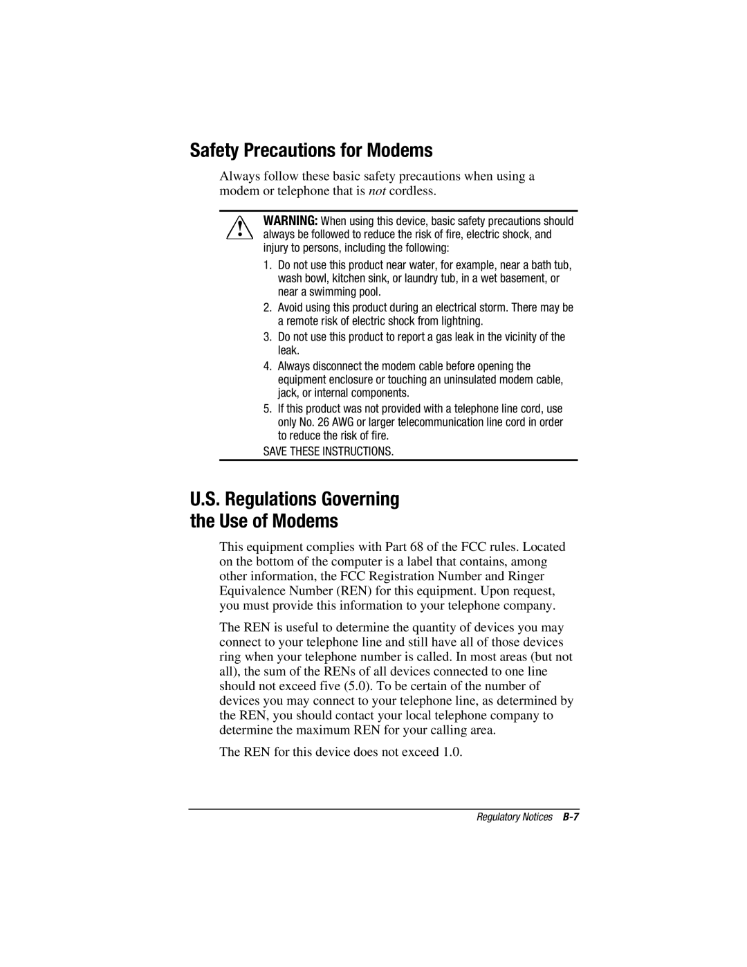 HP V300 manual Safety Precautions for Modems, Regulations Governing Use of Modems 