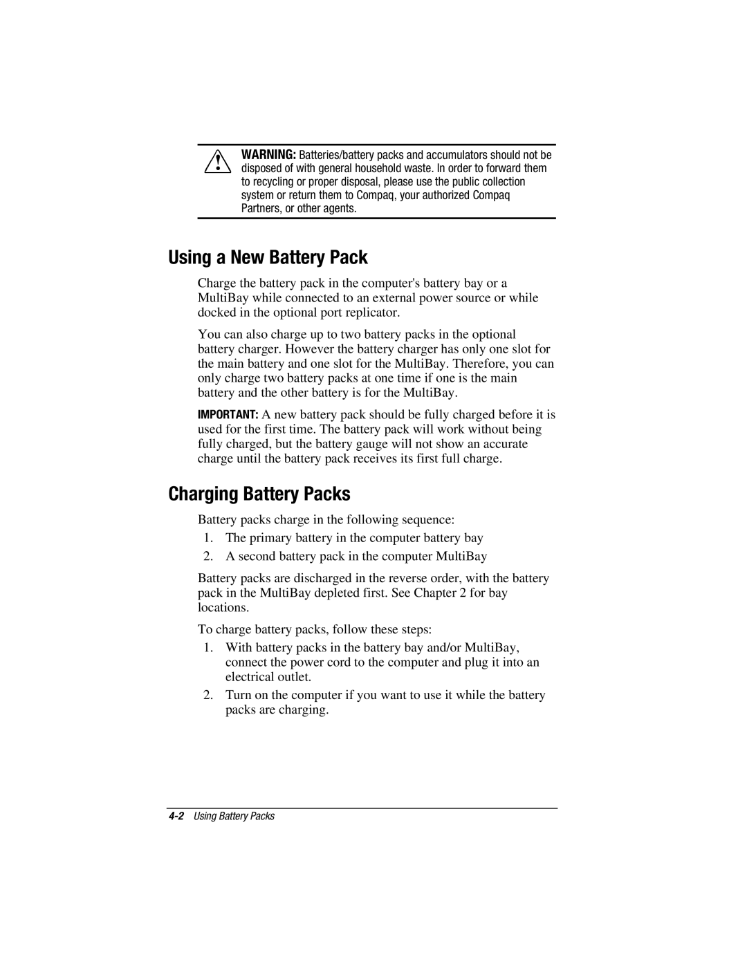 HP V300 manual Using a New Battery Pack, Charging Battery Packs 