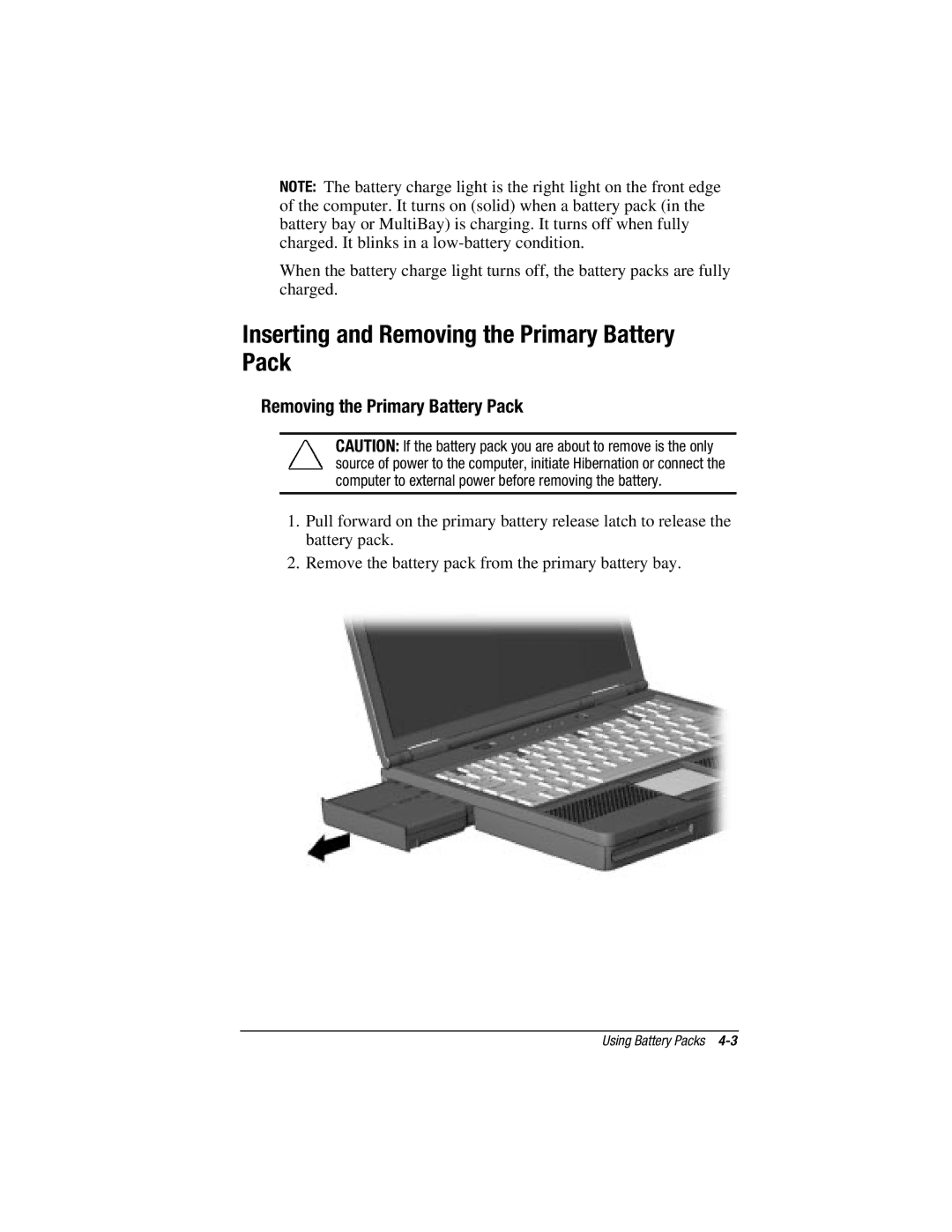 HP V300 manual Inserting and Removing the Primary Battery Pack 