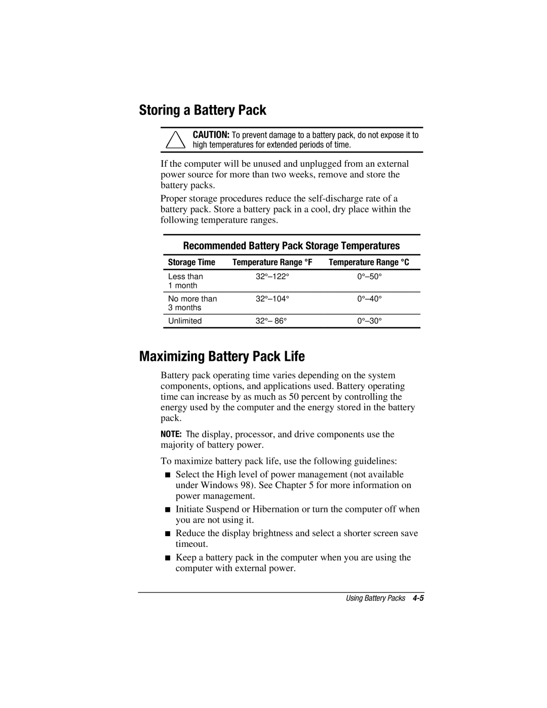 HP V300 manual Storing a Battery Pack, Maximizing Battery Pack Life, Recommended Battery Pack Storage Temperatures 