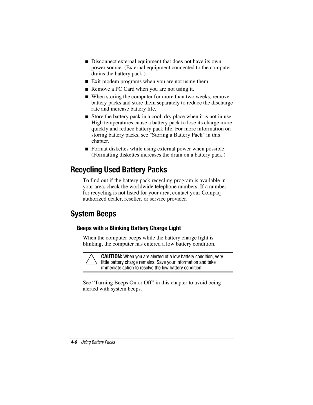 HP V300 manual Recycling Used Battery Packs, System Beeps, Beeps with a Blinking Battery Charge Light 