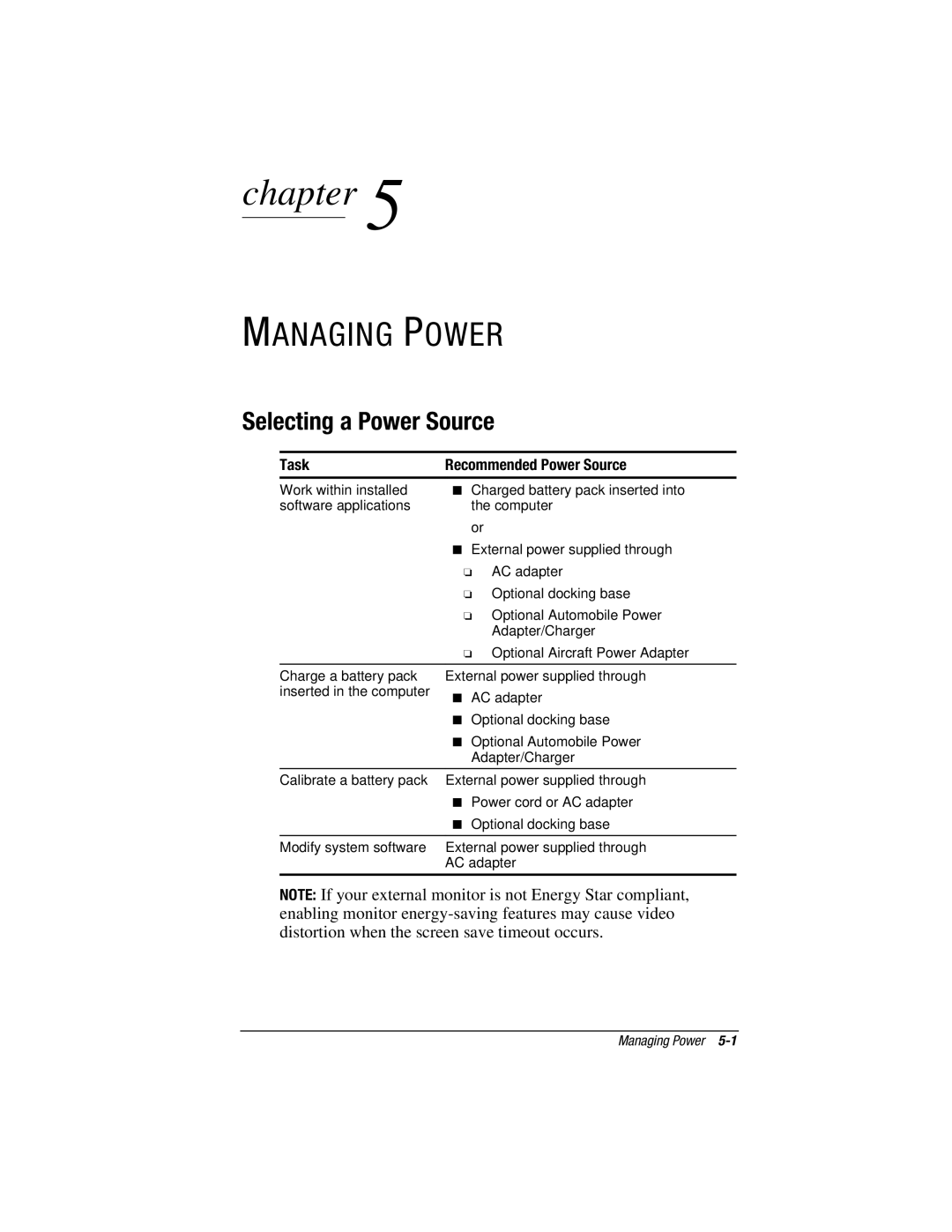 HP V300 manual Managing Power, Selecting a Power Source, Task Recommended Power Source 