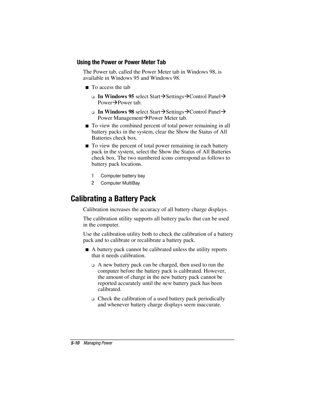 HP V300 manual Calibrating a Battery Pack, Using the Power or Power Meter Tab 