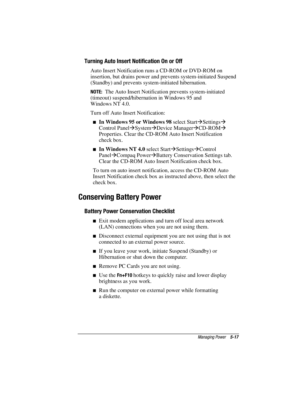 HP V300 manual Conserving Battery Power, Turning Auto Insert Notification On or Off, Battery Power Conservation Checklist 