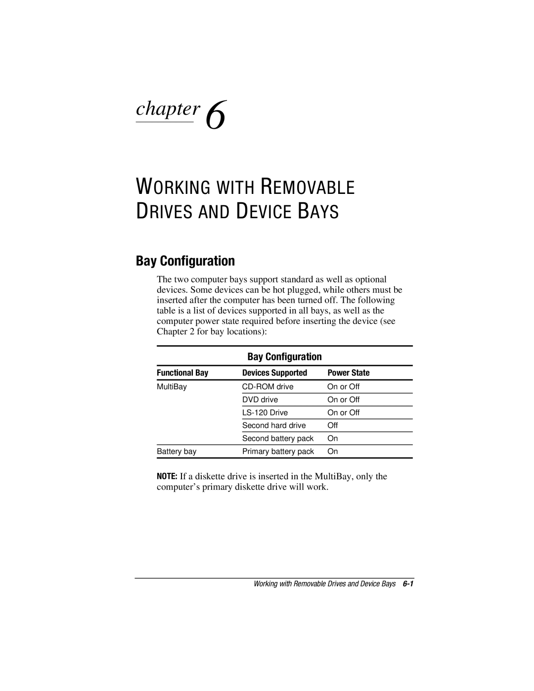 HP V300 manual Bay Configuration, Functional Bay Devices Supported Power State 