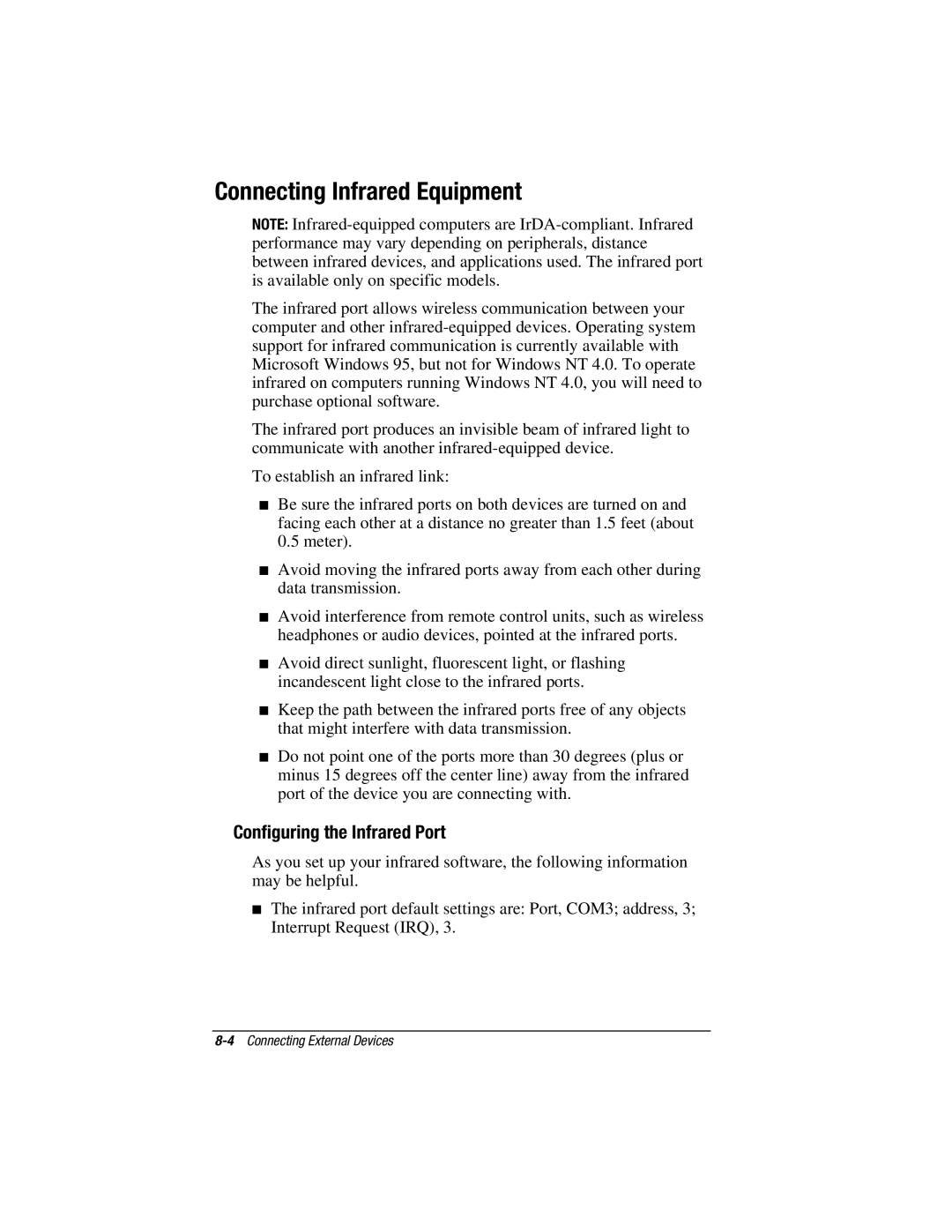 HP V300 manual Connecting Infrared Equipment, Configuring the Infrared Port 