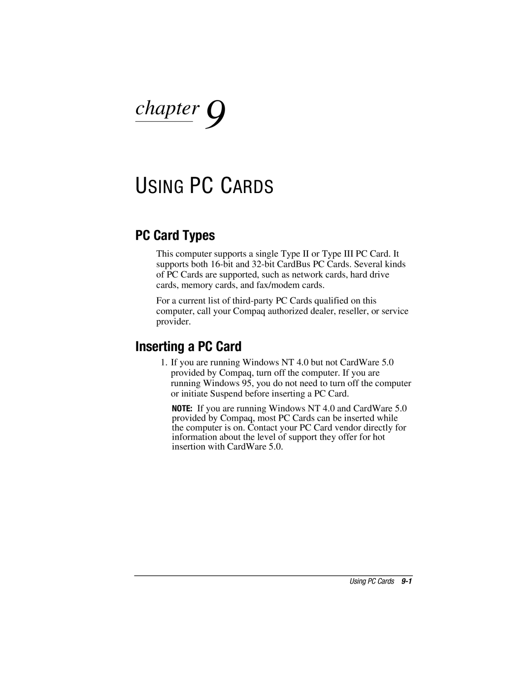 HP V300 manual Using PC Cards, PC Card Types, Inserting a PC Card 