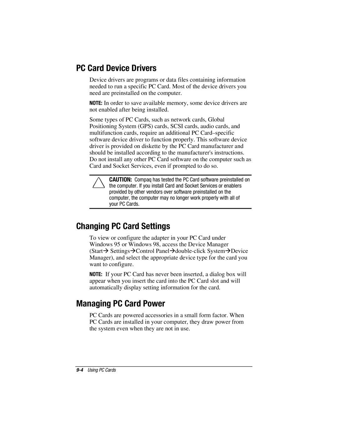 HP V300 manual PC Card Device Drivers, Changing PC Card Settings, Managing PC Card Power 