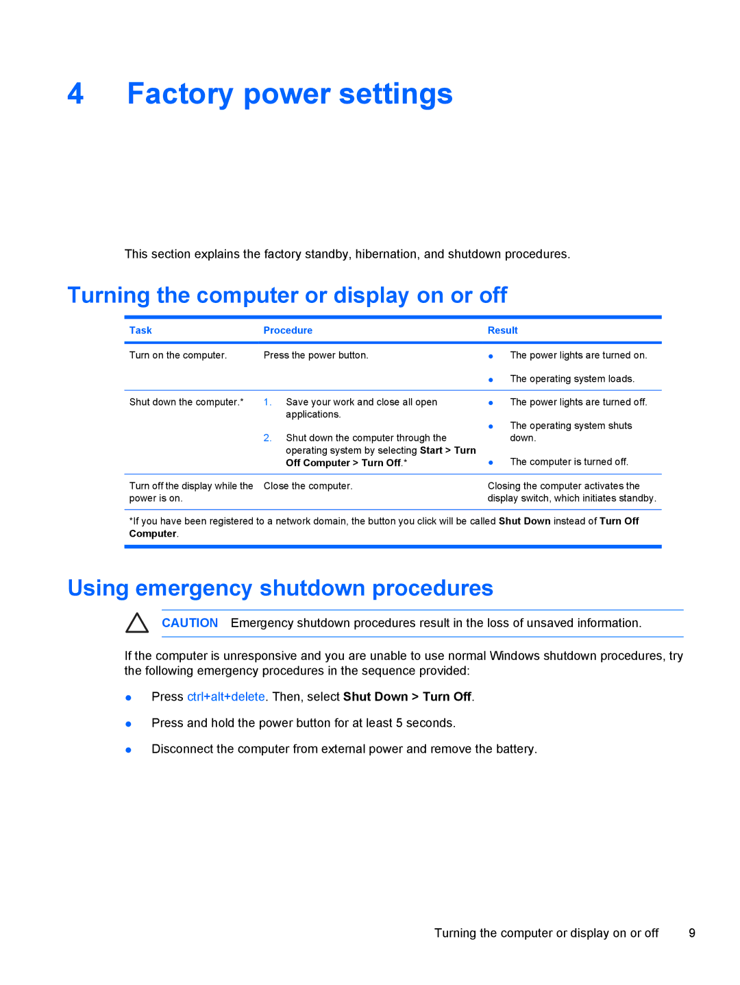 HP V3004XX, V3018CL Factory power settings, Turning the computer or display on or off, Using emergency shutdown procedures 