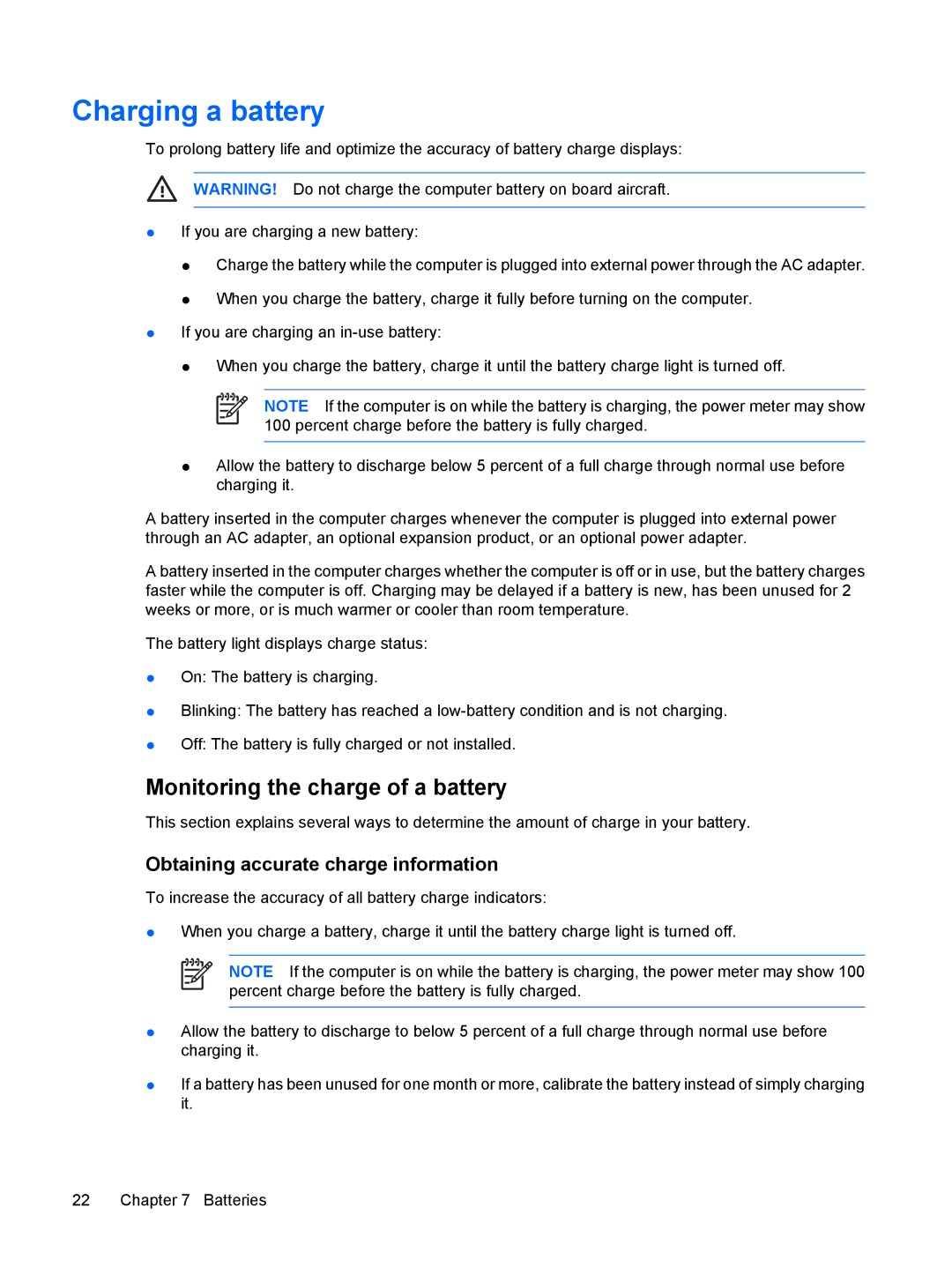 HP V3042TU, V3018CL, V3018US Charging a battery, Monitoring the charge of a battery, Obtaining accurate charge information 