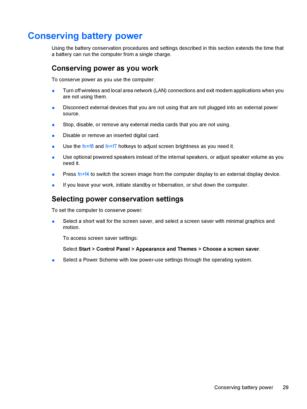 HP V3032TU, V3018CL, V3018US Conserving battery power, Conserving power as you work, Selecting power conservation settings 