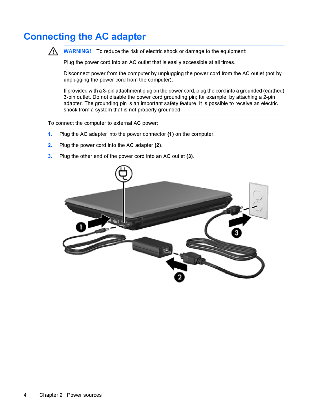 HP V3009AU, V3018CL, V3018US, V3017LA, V3016US, V3011XX, V3014TU, V3014AU, V3013AU, V3010US, V3008AU manual Connecting the AC adapter 