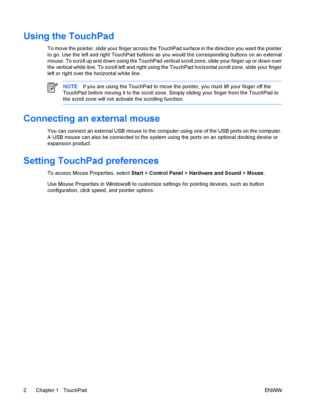 HP V3415TU, V3419TU, V3422AU, V3416TX, V3413TX Using the TouchPad, Connecting an external mouse, Setting TouchPad preferences 