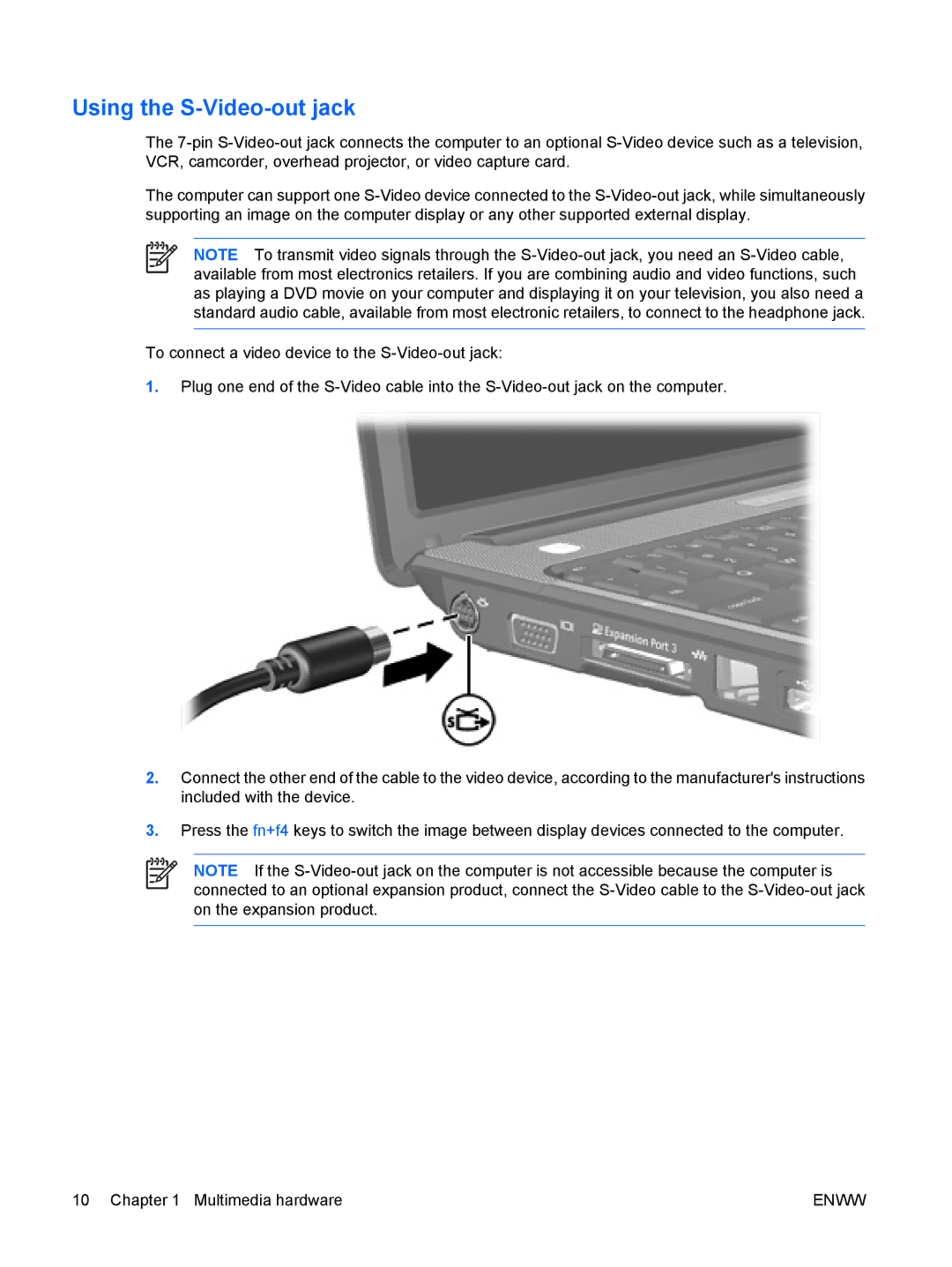 HP V3402AU, V3420AU, V3419TU, V3422AU, V3416TX, V3413TX, V3418LA, V3415TU, V3411TX, V3417LA, V3409AU Using the S-Video-out jack 