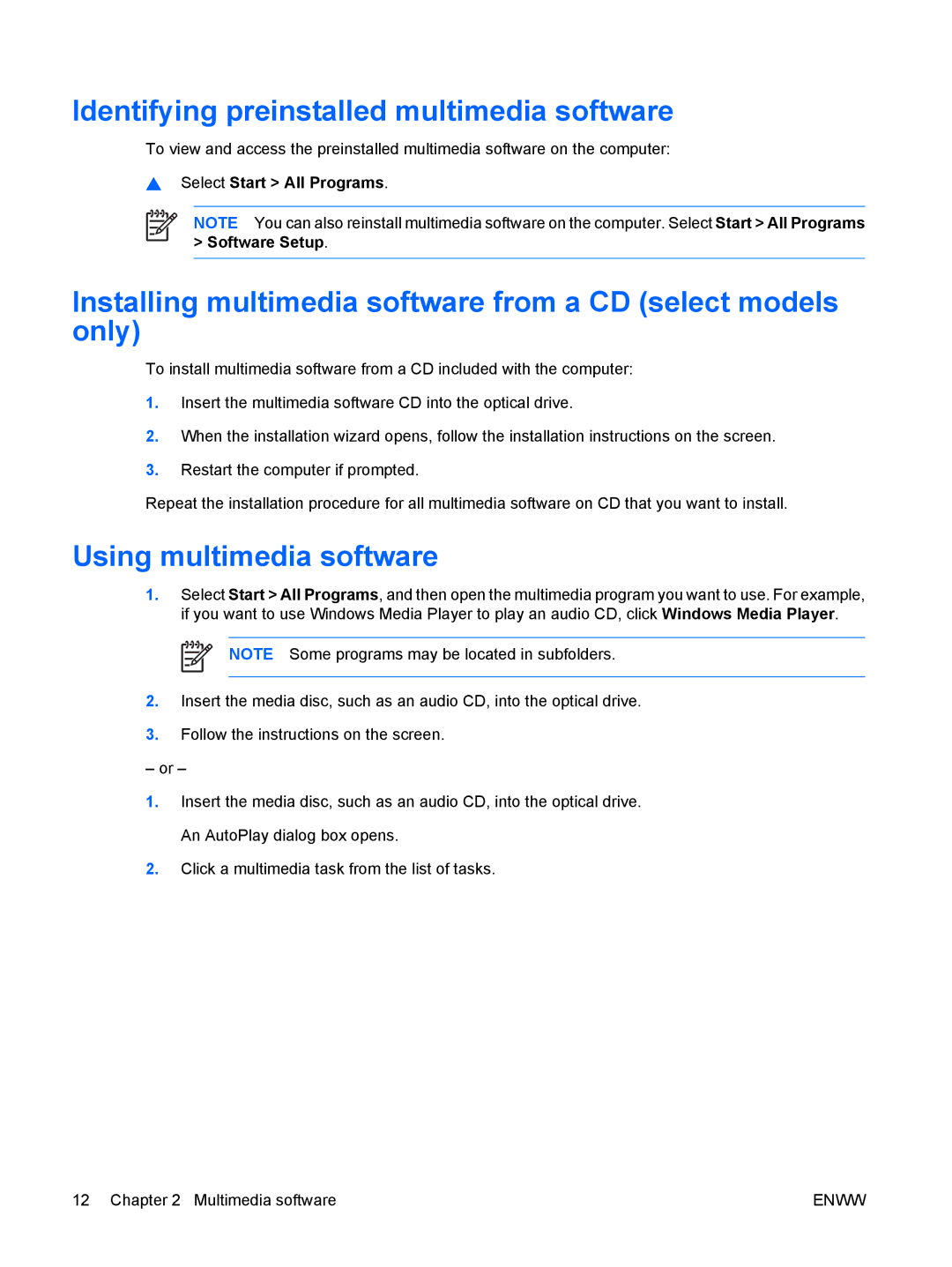 HP V3400, V3200 Identifying preinstalled multimedia software, Installing multimedia software from a CD select models only 