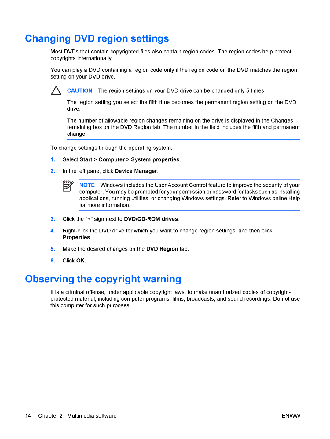 HP V3421AU, V3420AU, V3419TU, V3422AU, V3416TX, V3413TX, V3418LA Changing DVD region settings, Observing the copyright warning 