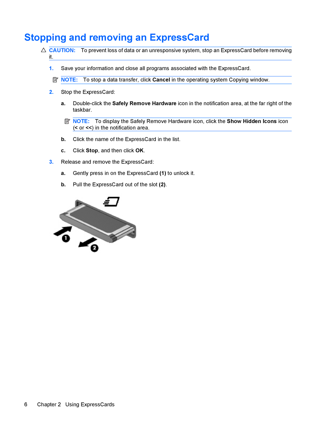 HP V3914TU, V3523TU, V3930TU, V3929TU, V3928TU, V3927TU, V3925TU, V3923TU, V3921TU, V3926TU Stopping and removing an ExpressCard 