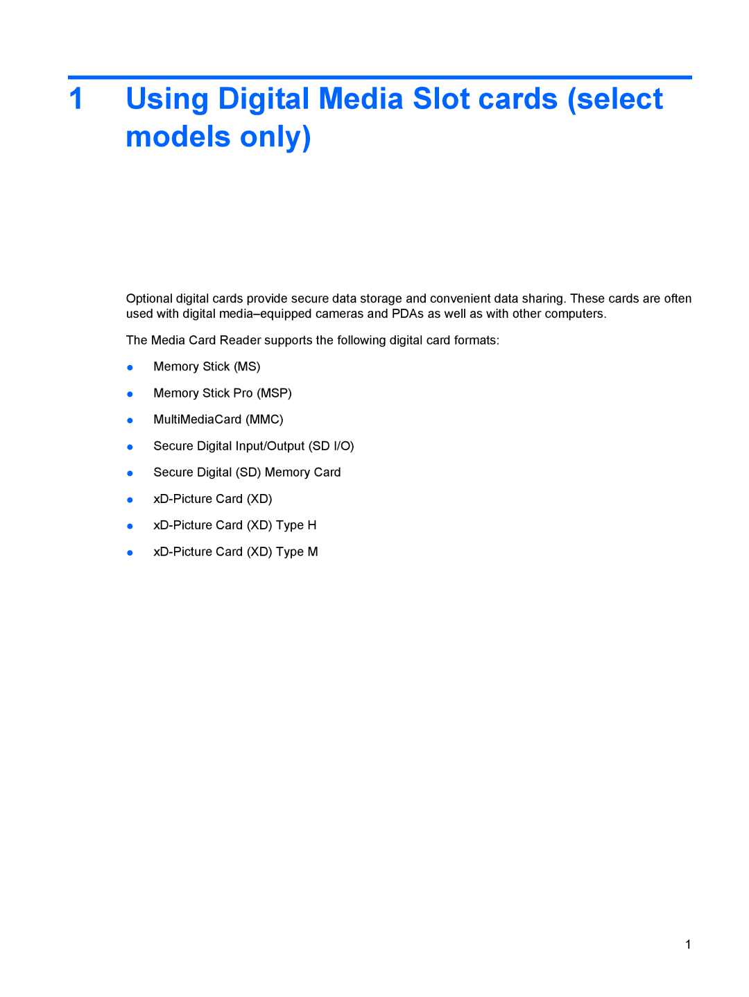 HP V3921TU, V3523TU, V3930TU, V3929TU, V3928TU, V3927TU, V3925TU, V3923TU manual Using Digital Media Slot cards select models only 