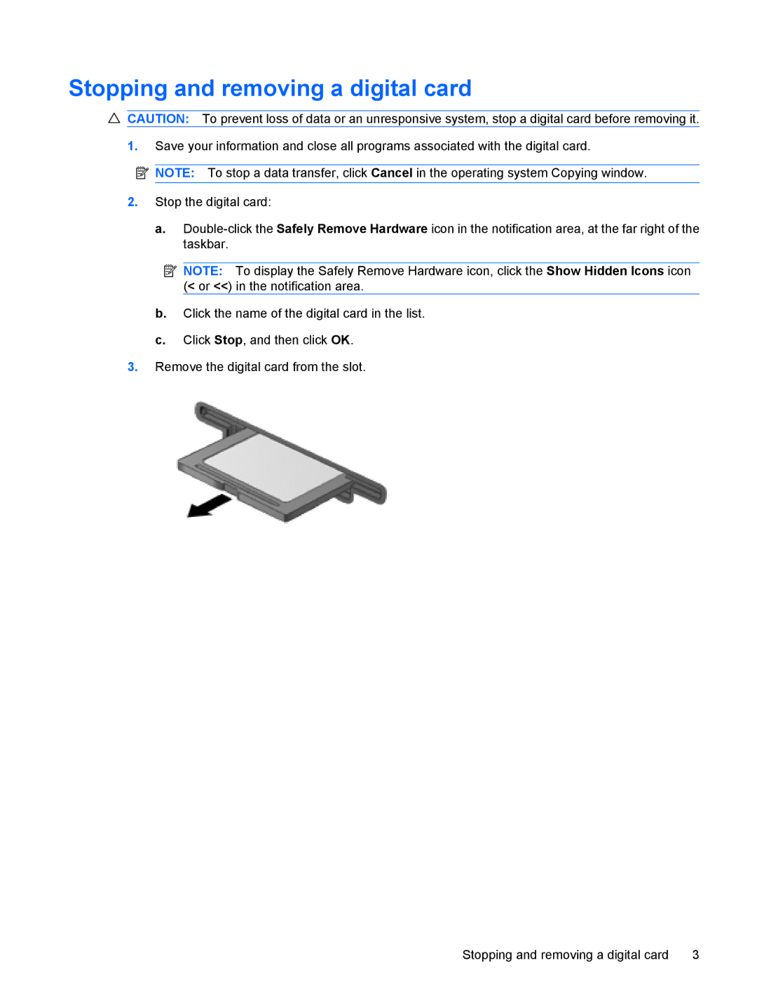 HP V3920TU, V3523TU, V3930TU, V3929TU, V3928TU, V3927TU, V3925TU, V3923TU, V3921TU, V3926TU Stopping and removing a digital card 