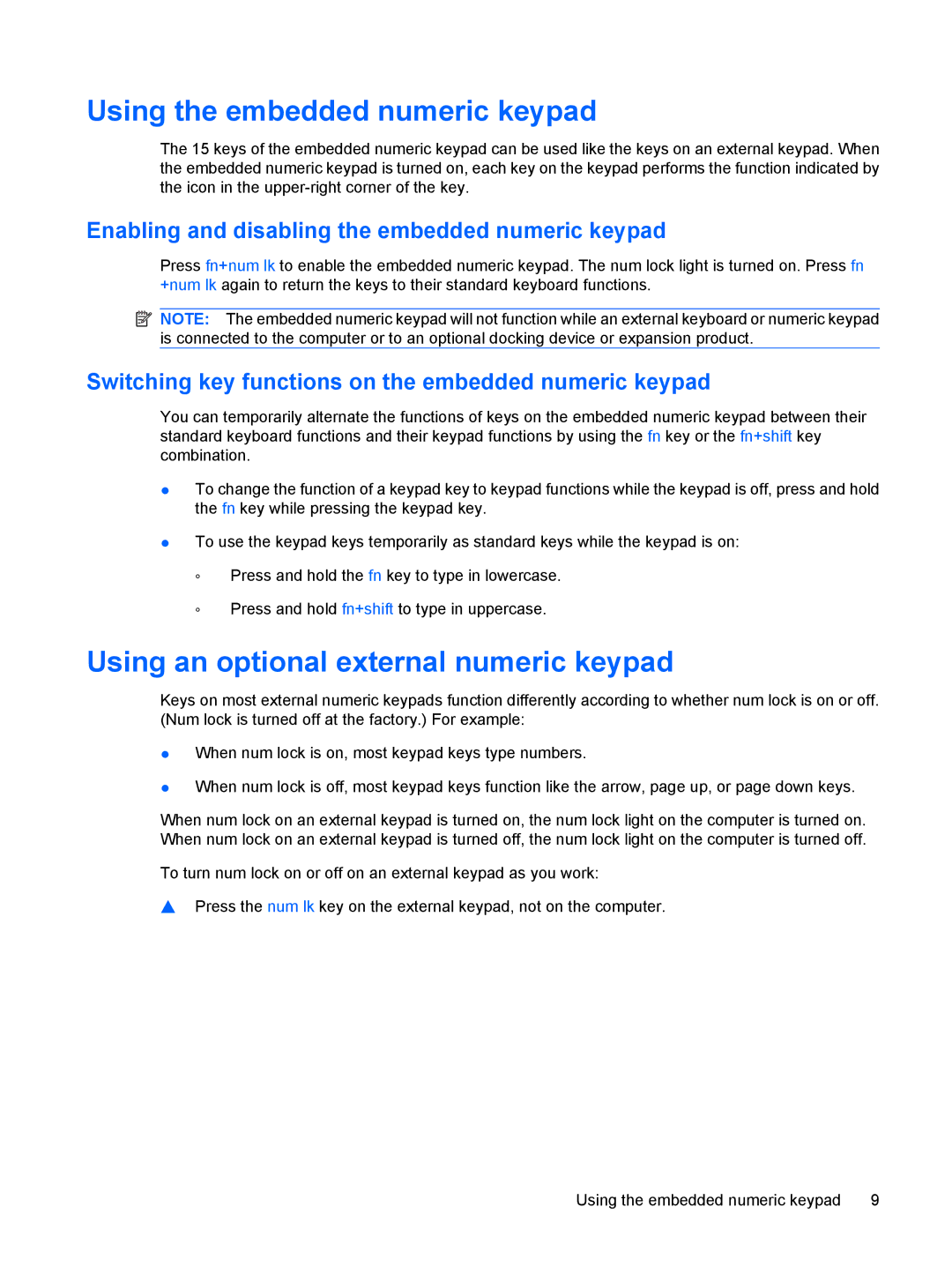 HP V3907TU Enabling and disabling the embedded numeric keypad, Switching key functions on the embedded numeric keypad 