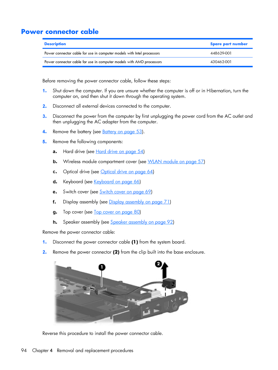 HP V3702VU, V3523TU, V3930TU, V3931TU, V3929TU, V3928TU, V3925TU, V3923TU Power connector cable, Description Spare part number 