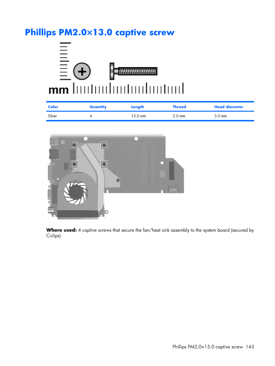 HP V3639AU, V3523TU, V3930TU Phillips PM2.0×13.0 captive screw, Color Quantity Length Thread Head diameter Silver 13.0 mm 