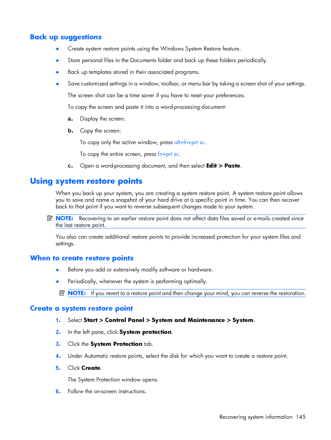 HP V3621TU, V3523TU, V3930TU, V3931TU, V3929TU, V3928TU, V3925TU, V3923TU, V3700 Using system restore points, Back up suggestions 