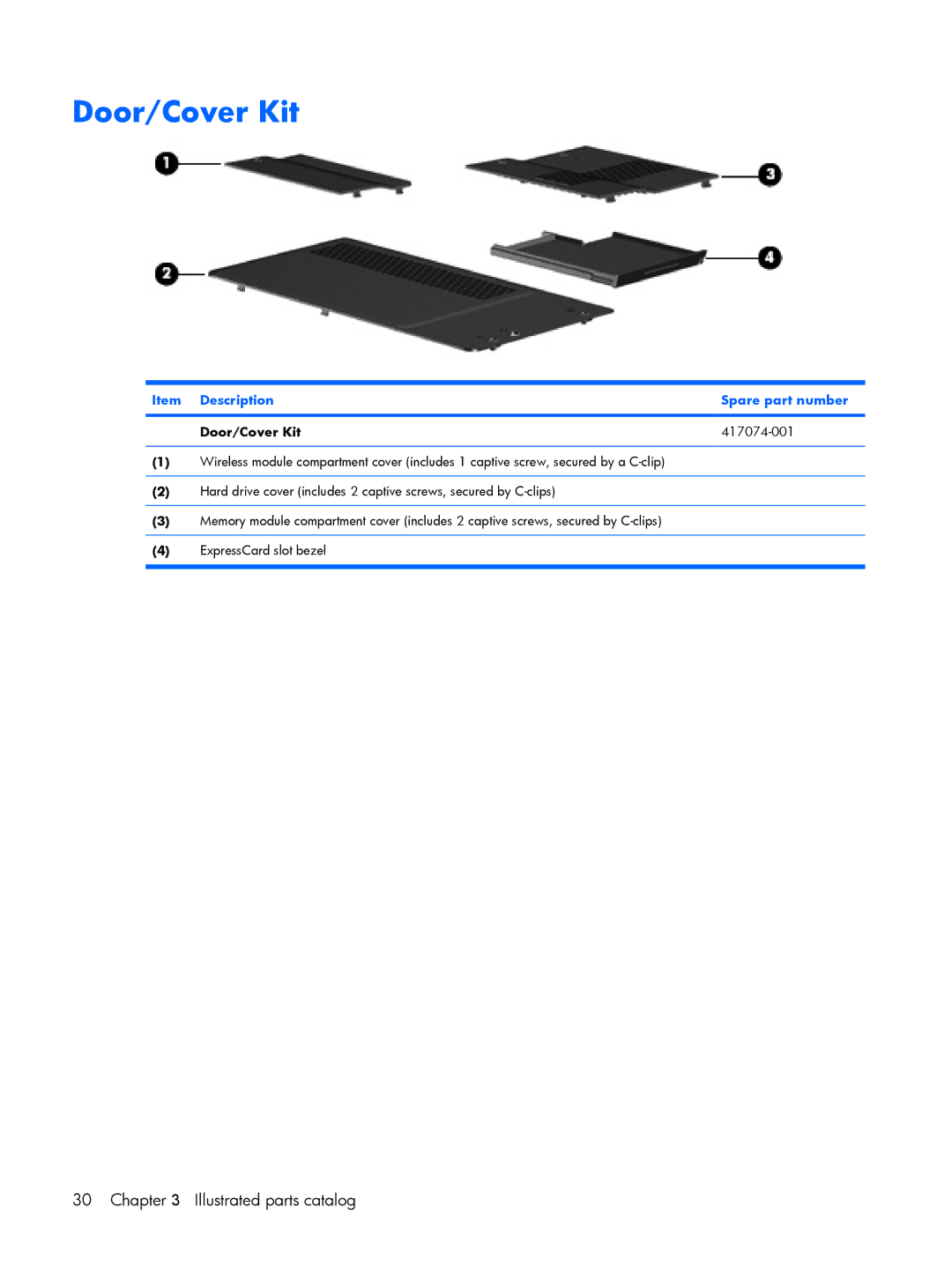 HP V3810TU, V3523TU, V3930TU, V3931TU, V3929TU, V3928TU, V3700 Item Description Spare part number Door/Cover Kit 417074-001 