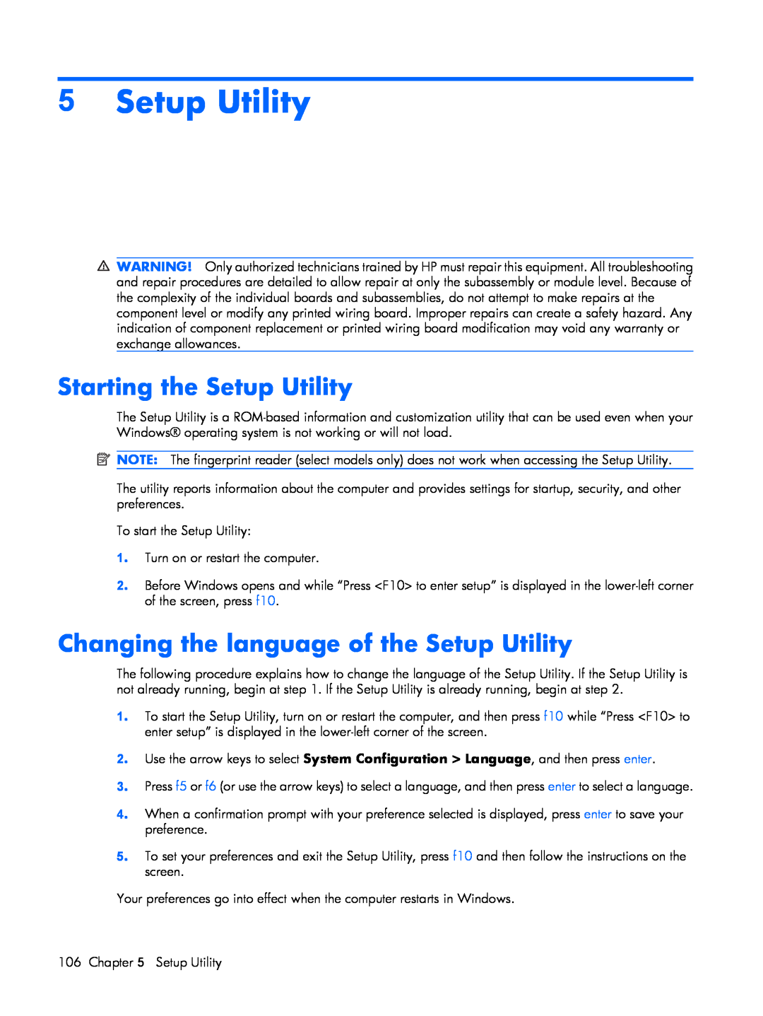 HP V3672TU, V3523TU, V3930TU, V3931TU, V3929TU Starting the Setup Utility, Changing the language of the Setup Utility 