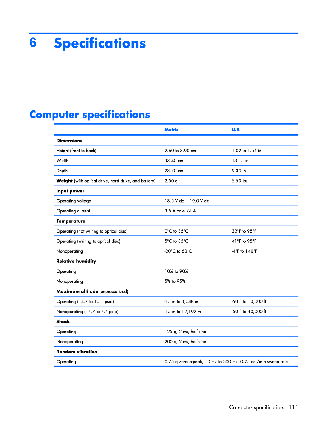 HP V3640AU, V3700 Specifications, Computer specifications, Dimensions, Input power, Temperature, Relative humidity, Shock 