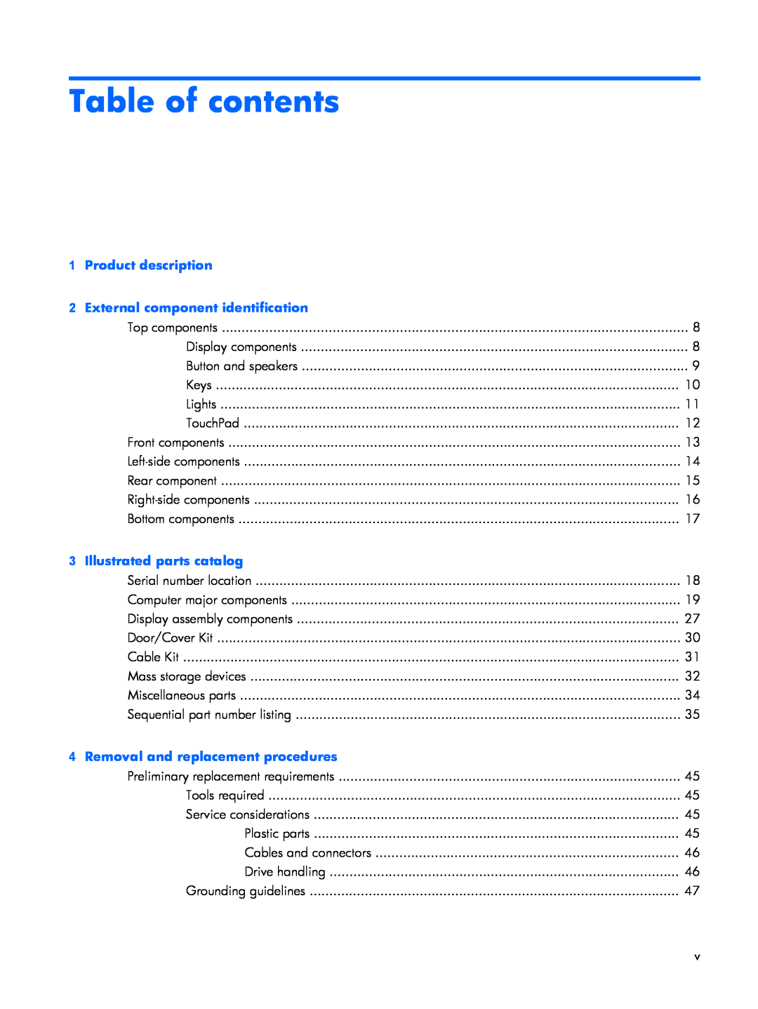 HP V3925TU, V3523TU Table of contents, Product description 2 External component identification, Illustrated parts catalog 