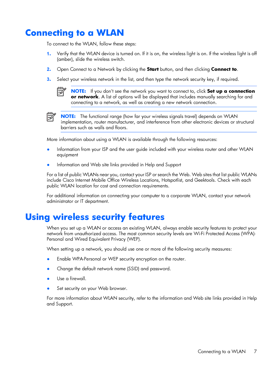 HP V3910TX, V3523TU, V3930TU, V3931TU, V3929TU, V3928TU, V3927TU, V3925TU Connecting to a Wlan, Using wireless security features 