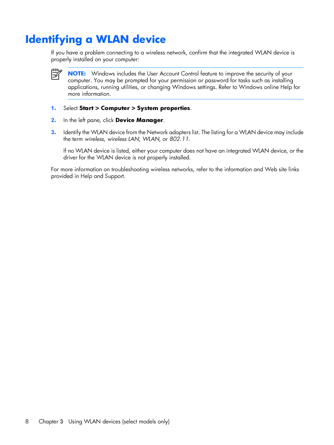 HP V3909TU, V3523TU, V3930TU, V3931TU, V3929TU, V3928TU Identifying a Wlan device, Select Start Computer System properties 