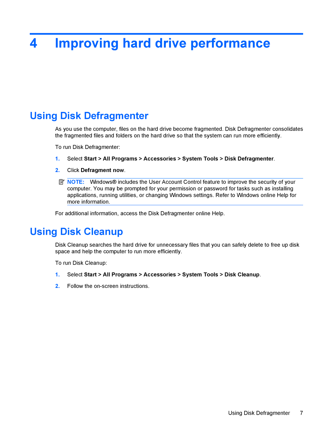 HP V3916TU, V3523TU, V3930TU, V3931TU, V3929TU, V3928TU, V3927TU manual Improving hard drive performance, Using Disk Defragmenter 