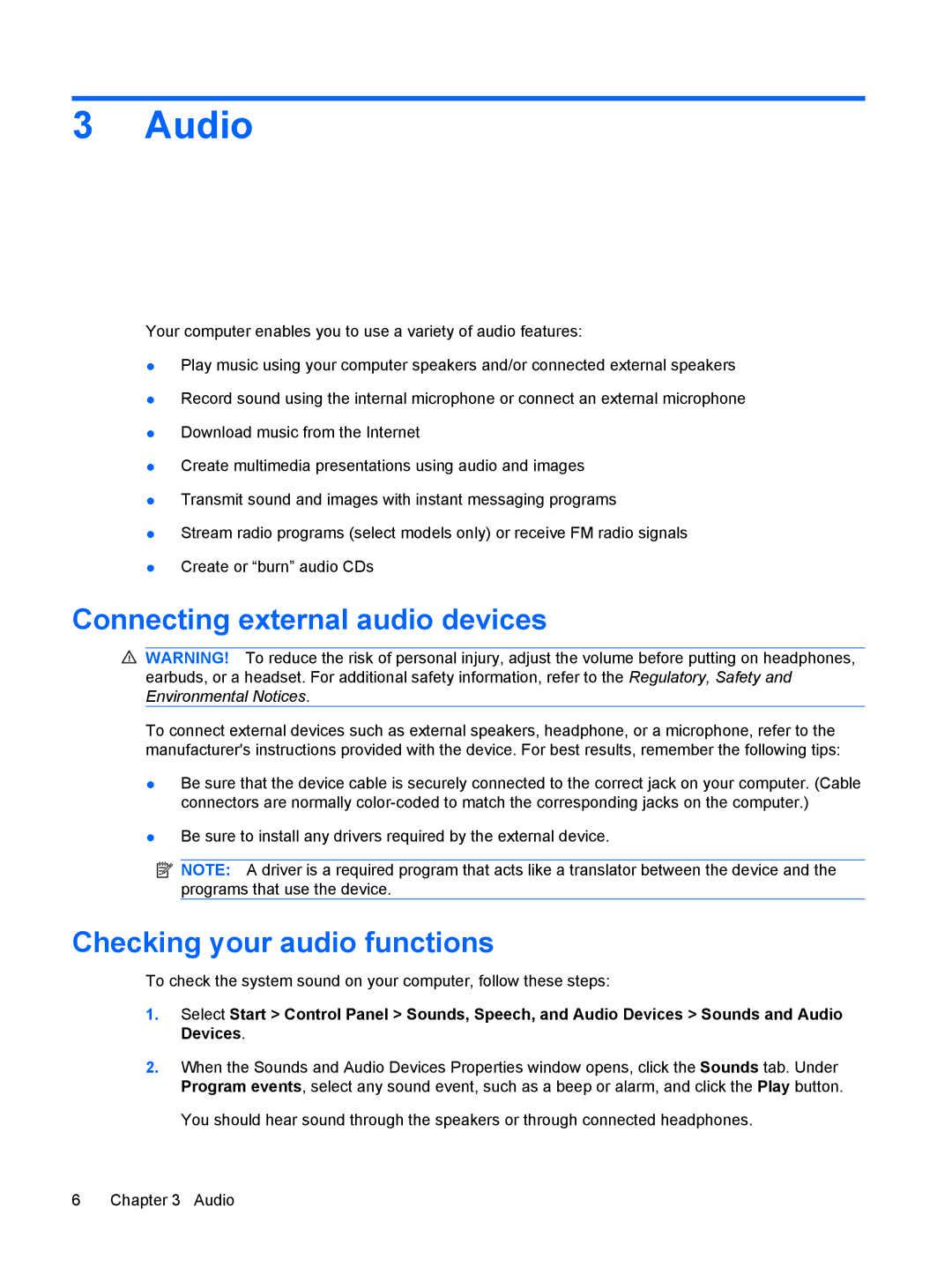 HP CQ60-105TU, V3534TU, V3533TU, V3531TU, V3501XX Audio, Connecting external audio devices, Checking your audio functions 