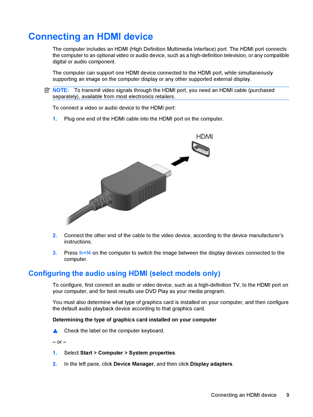 HP CQ60-103XX, V3534TU, V3533TU, V3531TU manual Connecting an Hdmi device, Configuring the audio using Hdmi select models only 