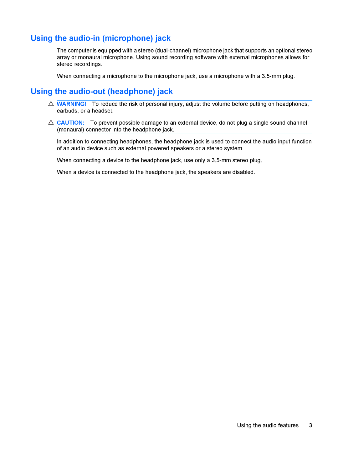 HP V3926TU, V3930TU, V3931TU, V3929TU, V3928TU, V3927TU Using the audio-in microphone jack, Using the audio-out headphone jack 