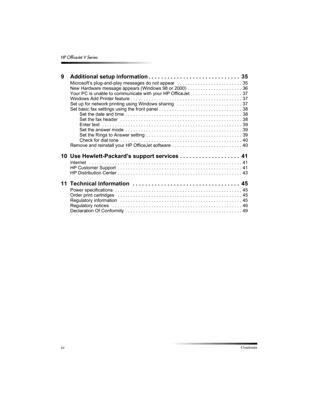 HP v45, v30, v40xi manual Contents 