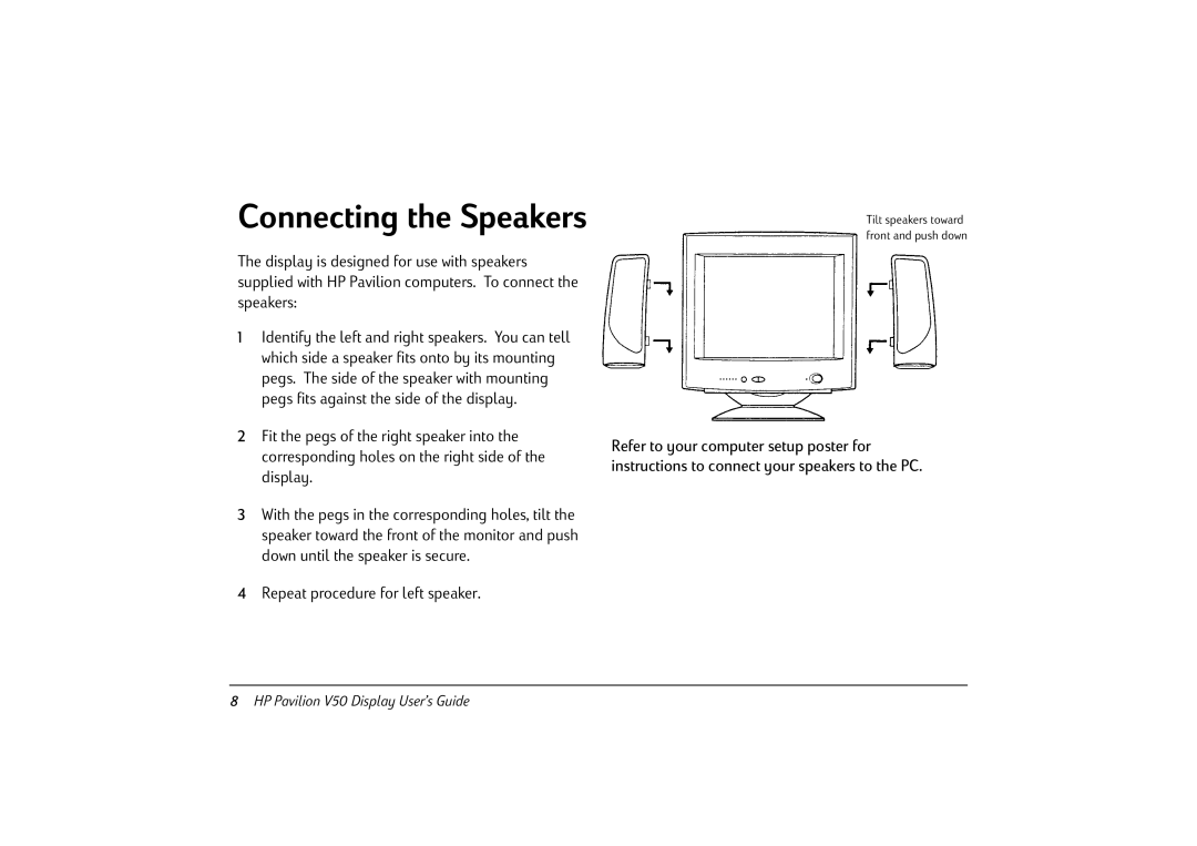 HP v50 15 inch CRT manual Connecting the Speakers, Repeat procedure for left speaker 