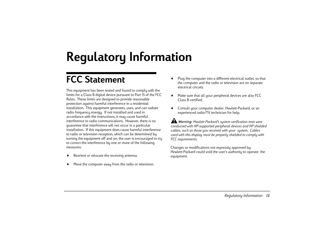 HP v50 15 inch CRT manual Regulatory Information, FCC Statement 