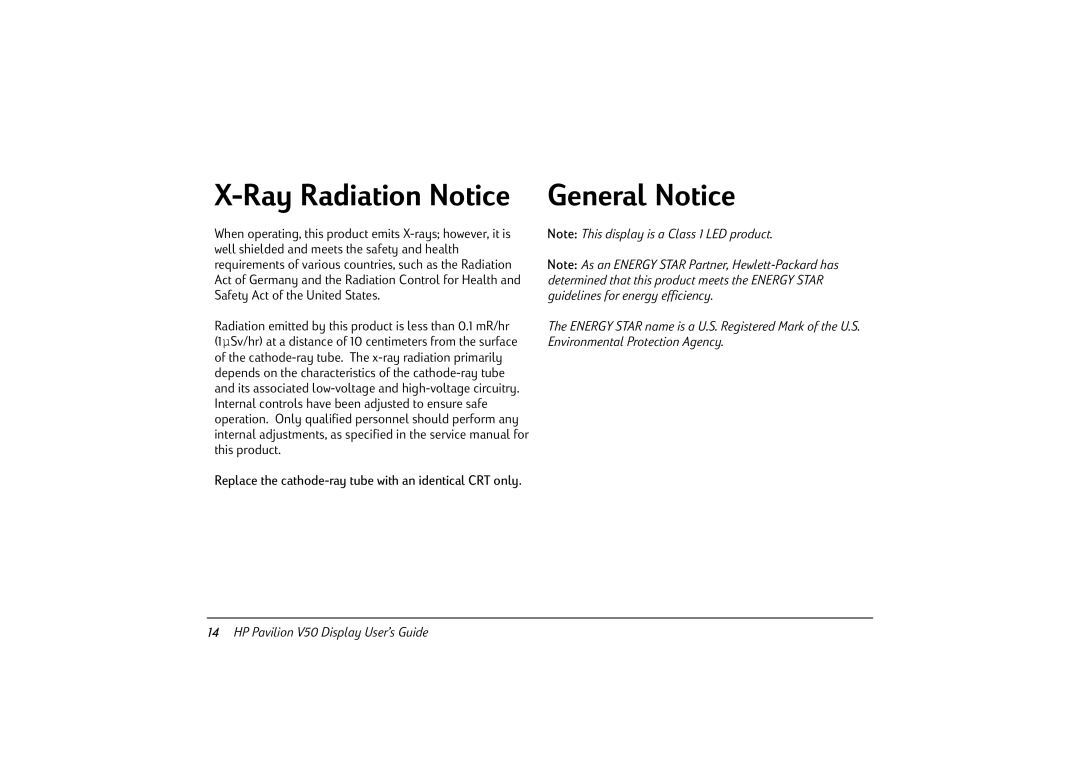 HP v50 15 inch CRT manual Ray Radiation Notice General Notice 