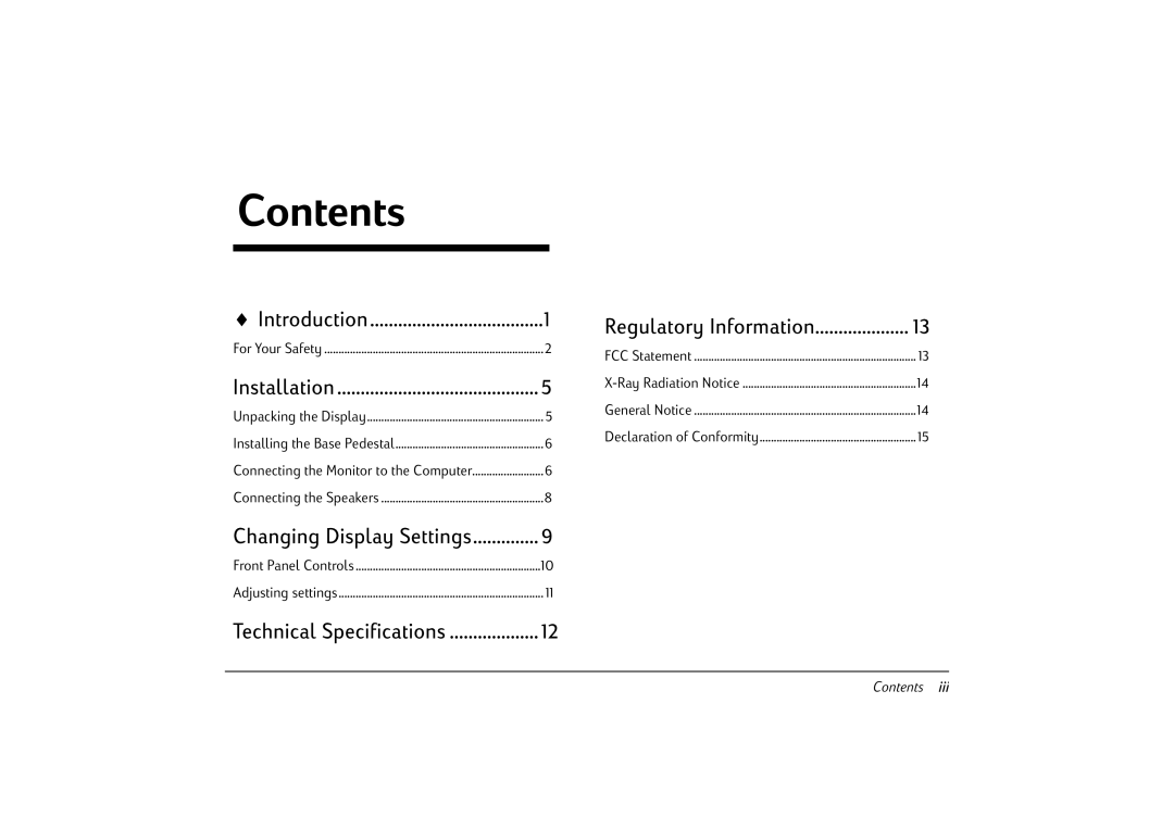 HP v50 15 inch CRT manual Contents 