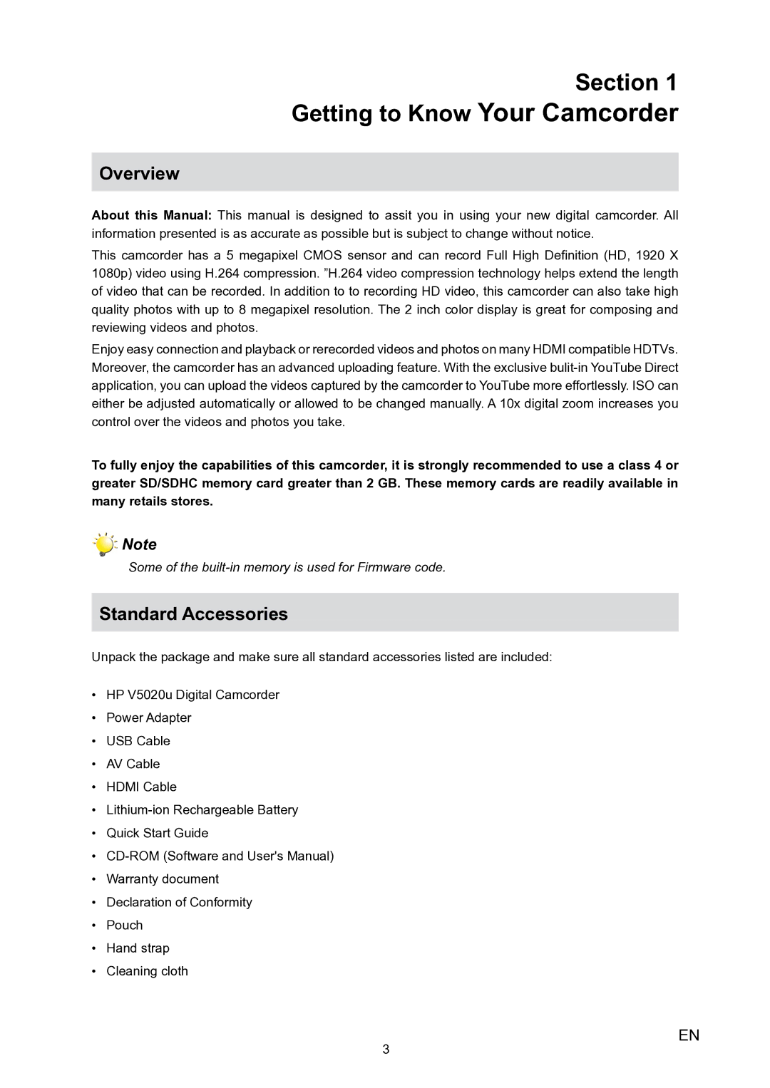 HP V5020u manual Section Getting to Know Your Camcorder, Overview, Standard Accessories 