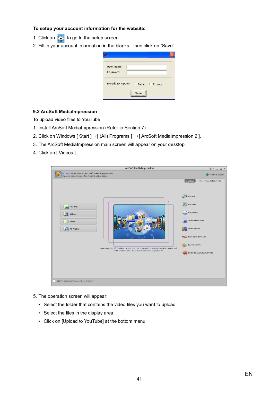 HP V5020u manual To setup your account information for the website, ArcSoft MediaImpression 