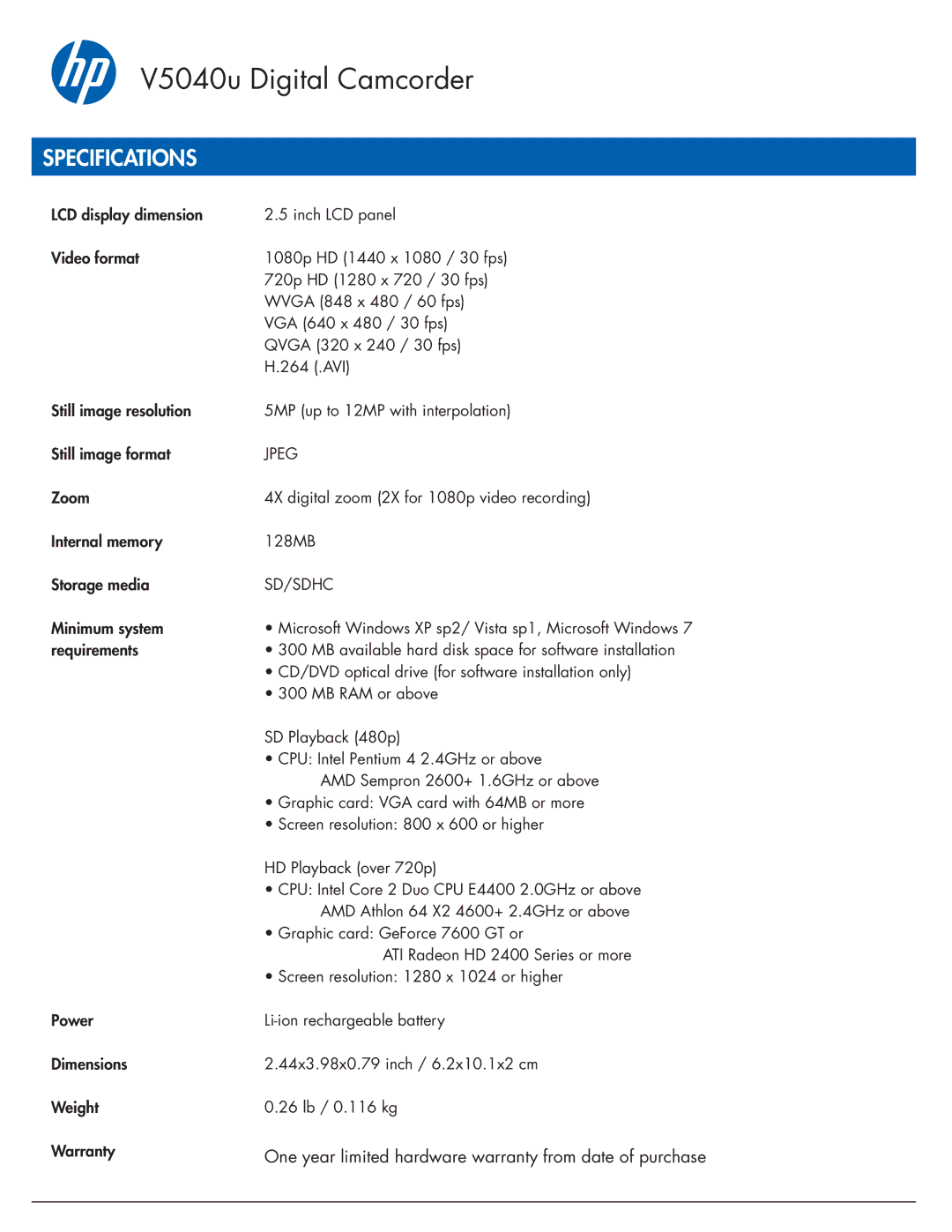 HP manual V5040u Digital Camcorder, Specifications, Jpeg, Sd/Sdhc 