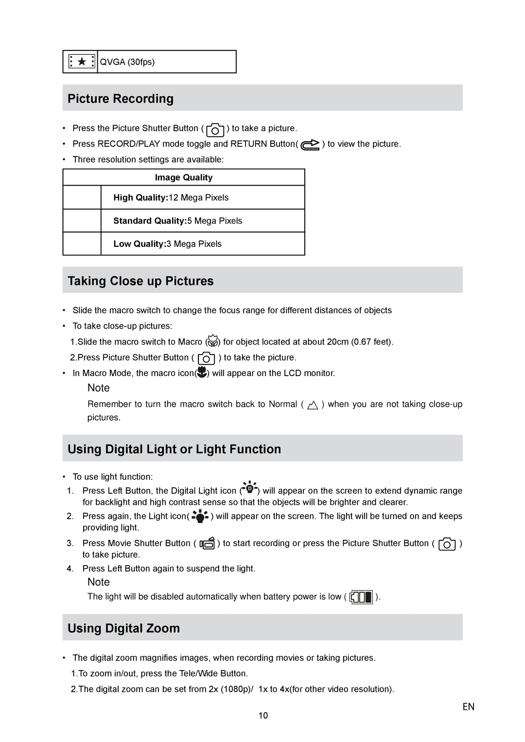 HP V5040u manual Picture Recording, Taking Close up Pictures, Using Digital Light or Light Function, Using Digital Zoom 