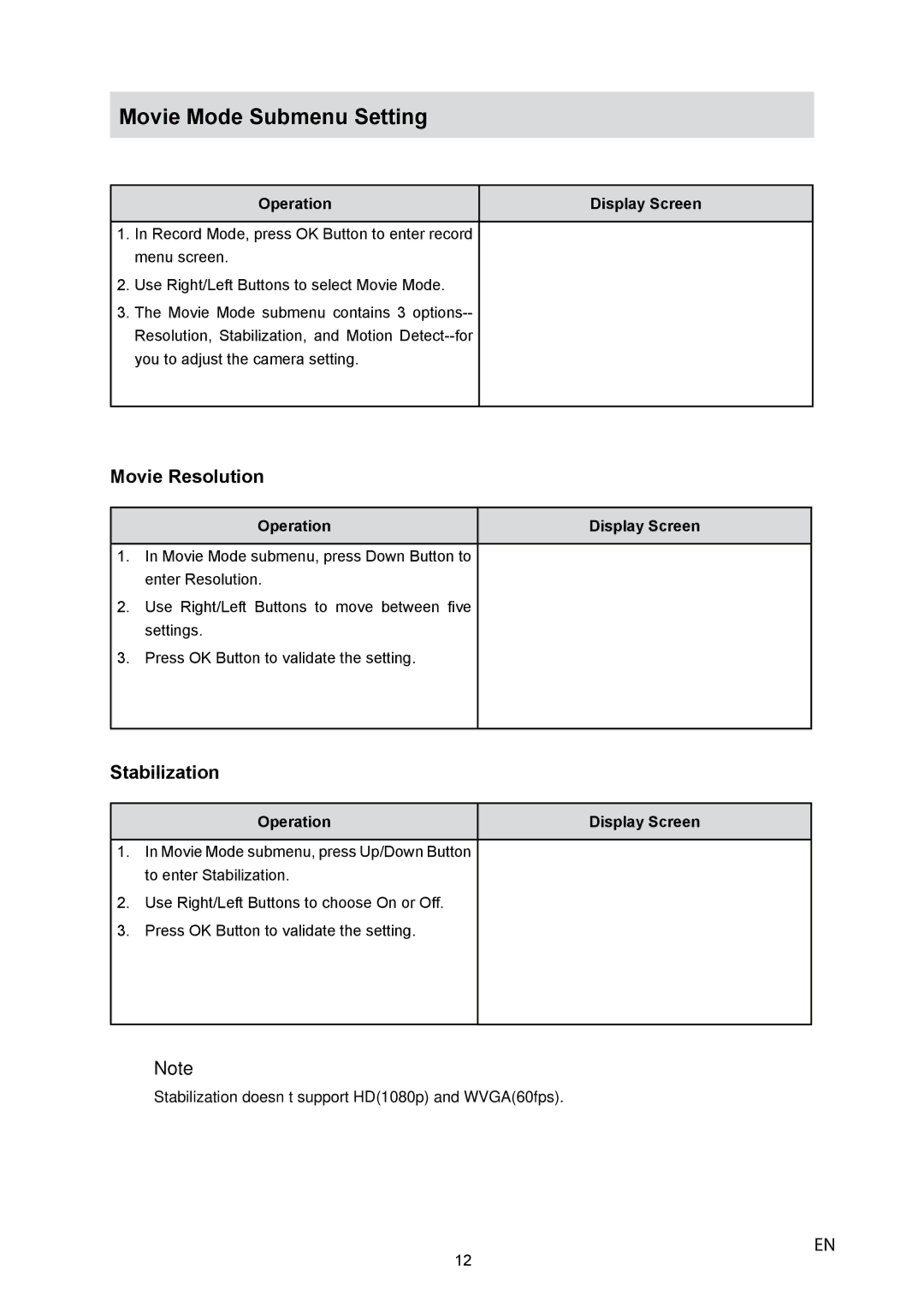 HP V5040u manual Movie Mode Submenu Setting, Movie Resolution, Stabilization 